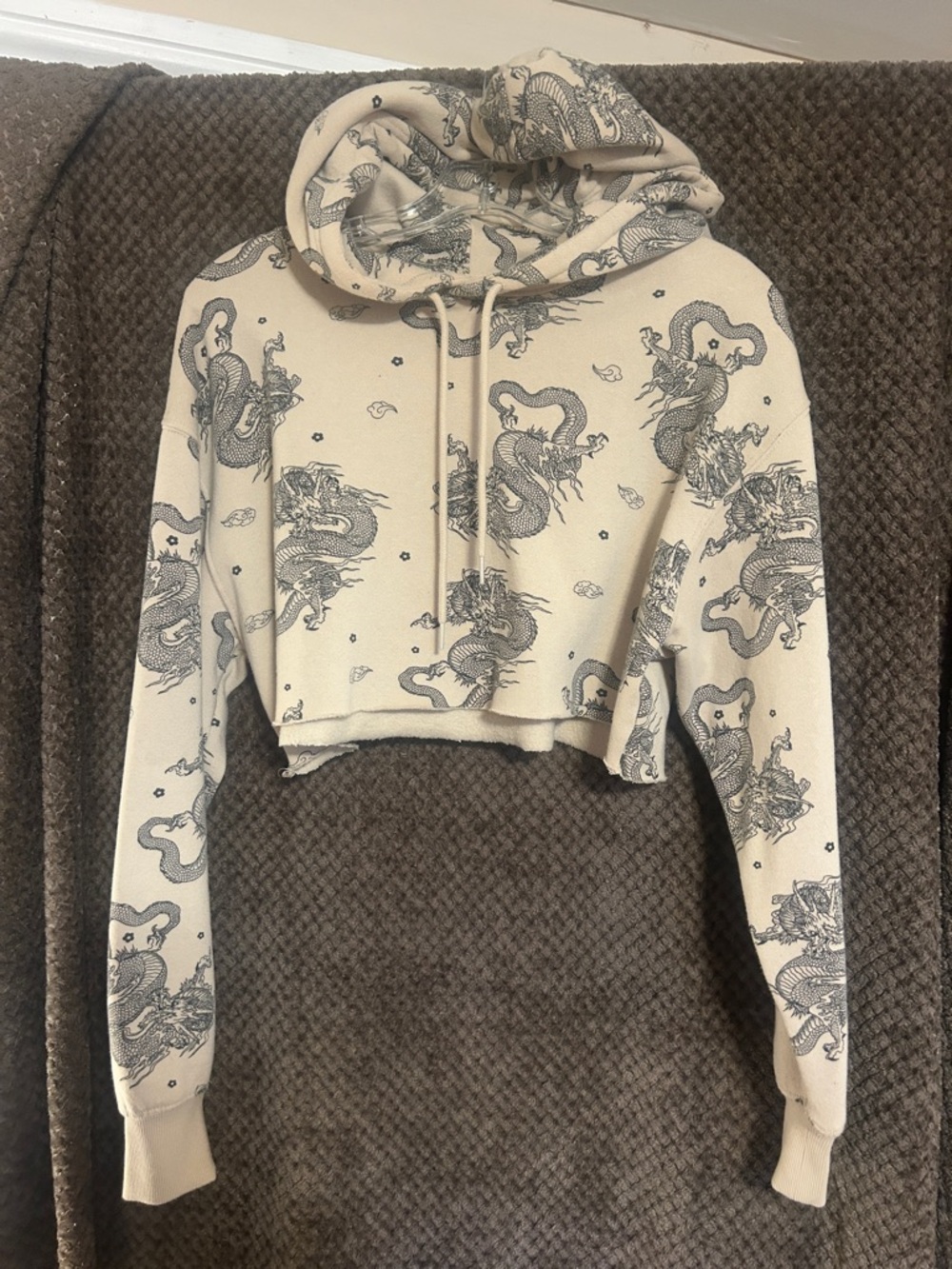 Cropped Cream Dragon-Print Hoodie